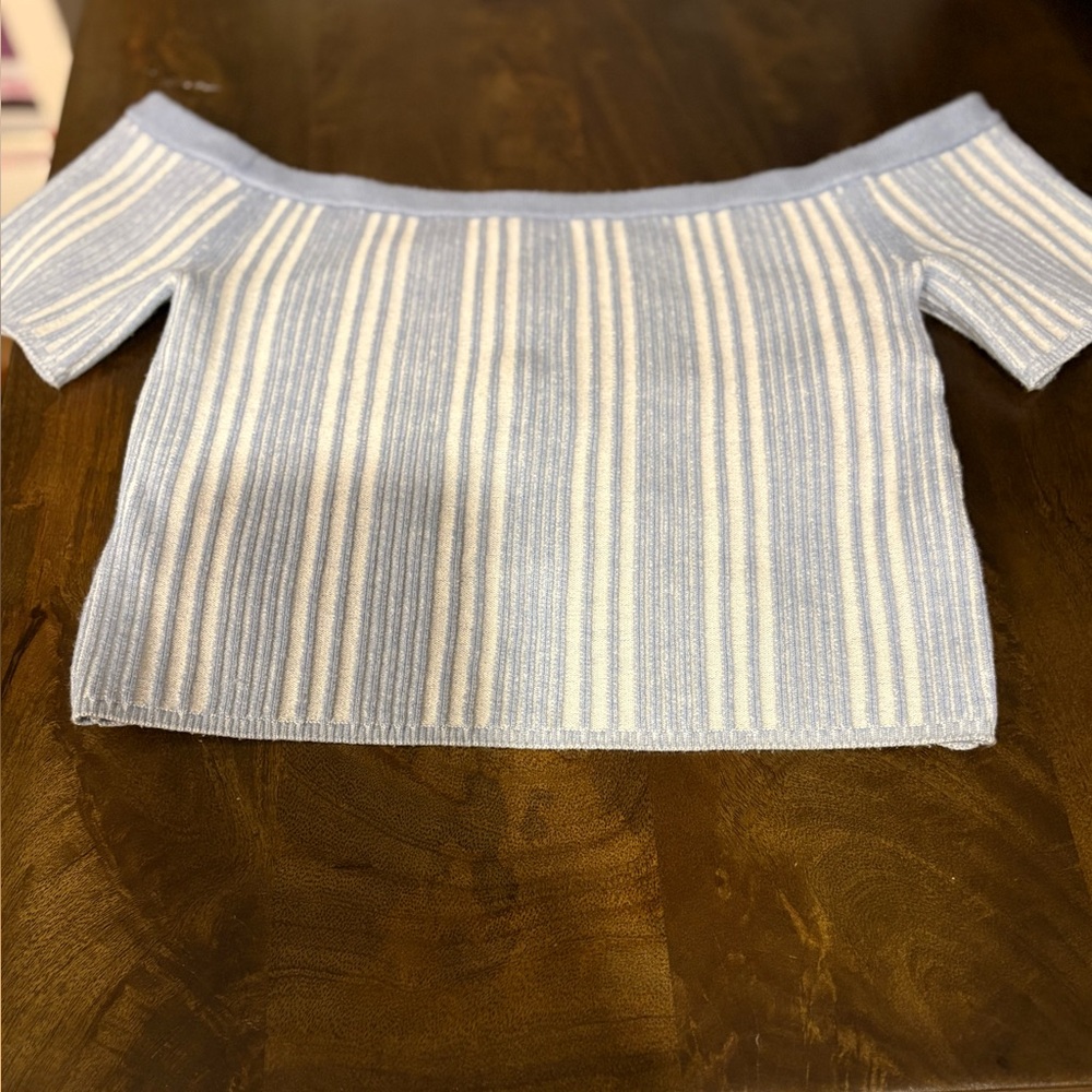 Aerie Blue and Cream Off-Shoulder Crop Top